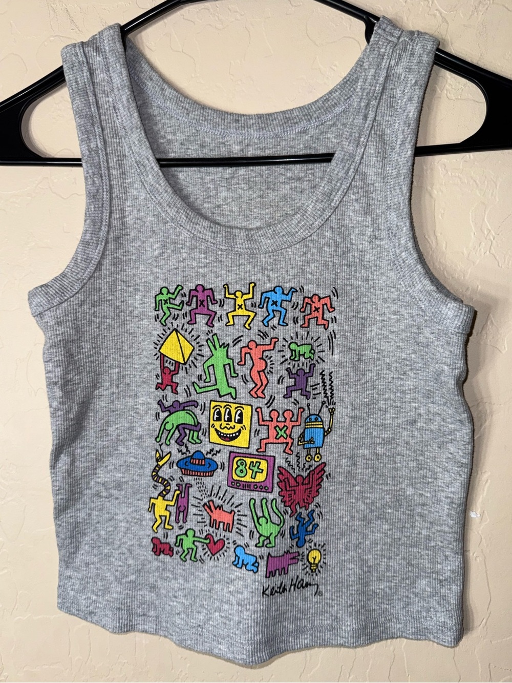 Keith Haring 84 Pop Art Graphic Gray Ribbed Tank Top Small Y2K Streetwear